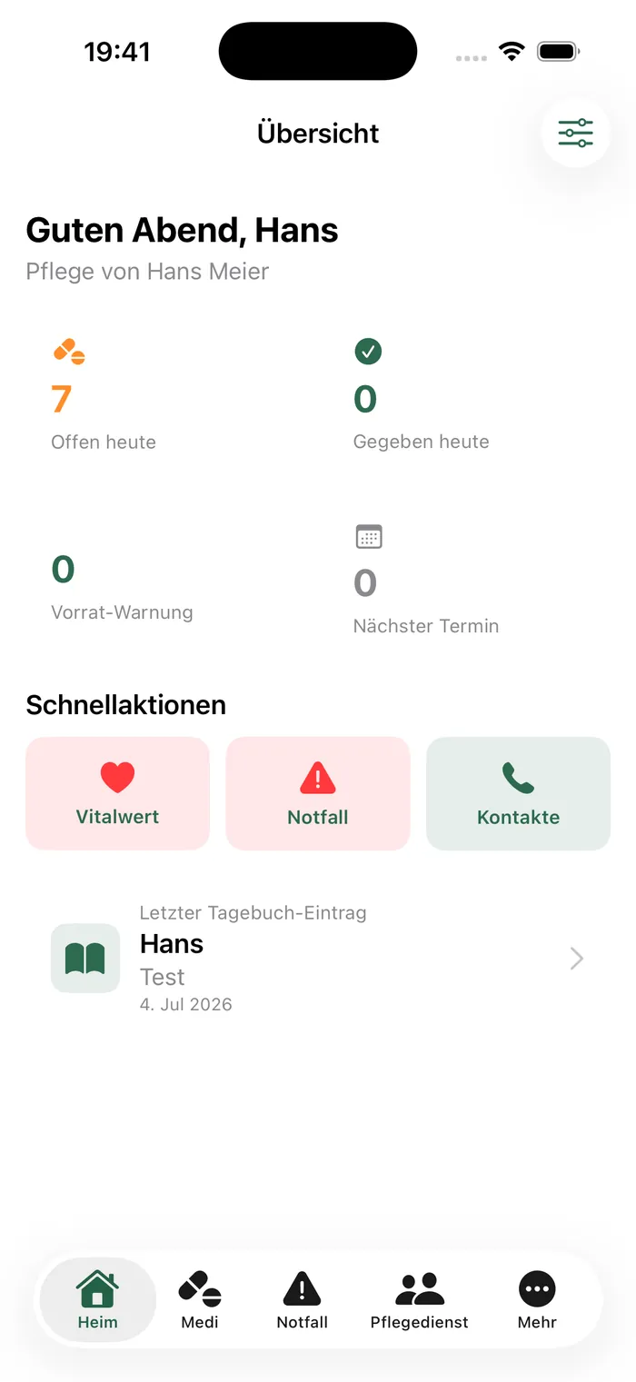 Pflegemio iPhone App Vorschau – Dashboard