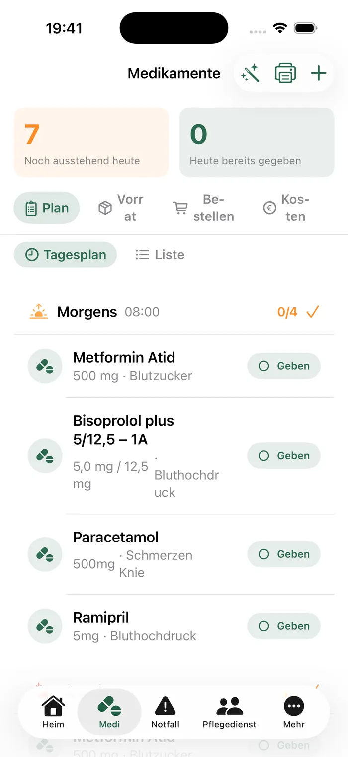 Pflegemio iPhone App Vorschau – Medikamente