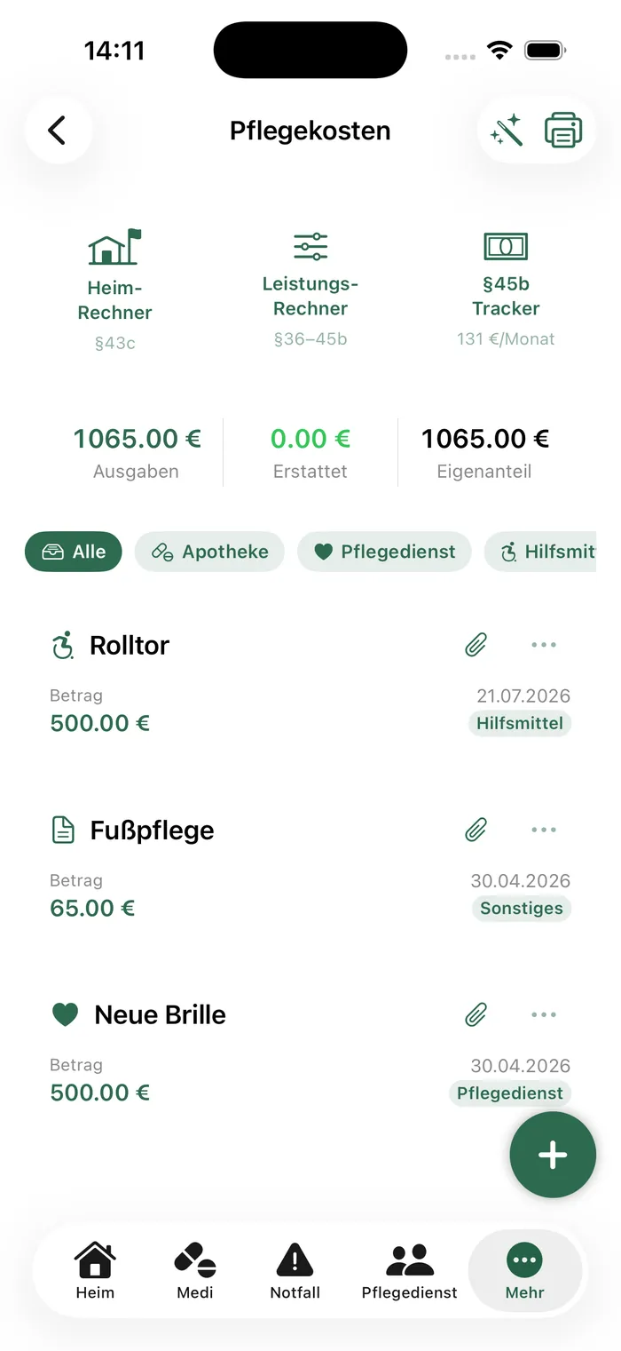 Pflegemio-App: Pflegekosten und Erstattungen erfassen
