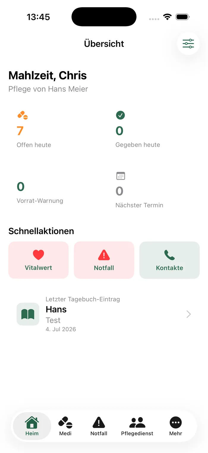 Pflegemio App – Übersicht